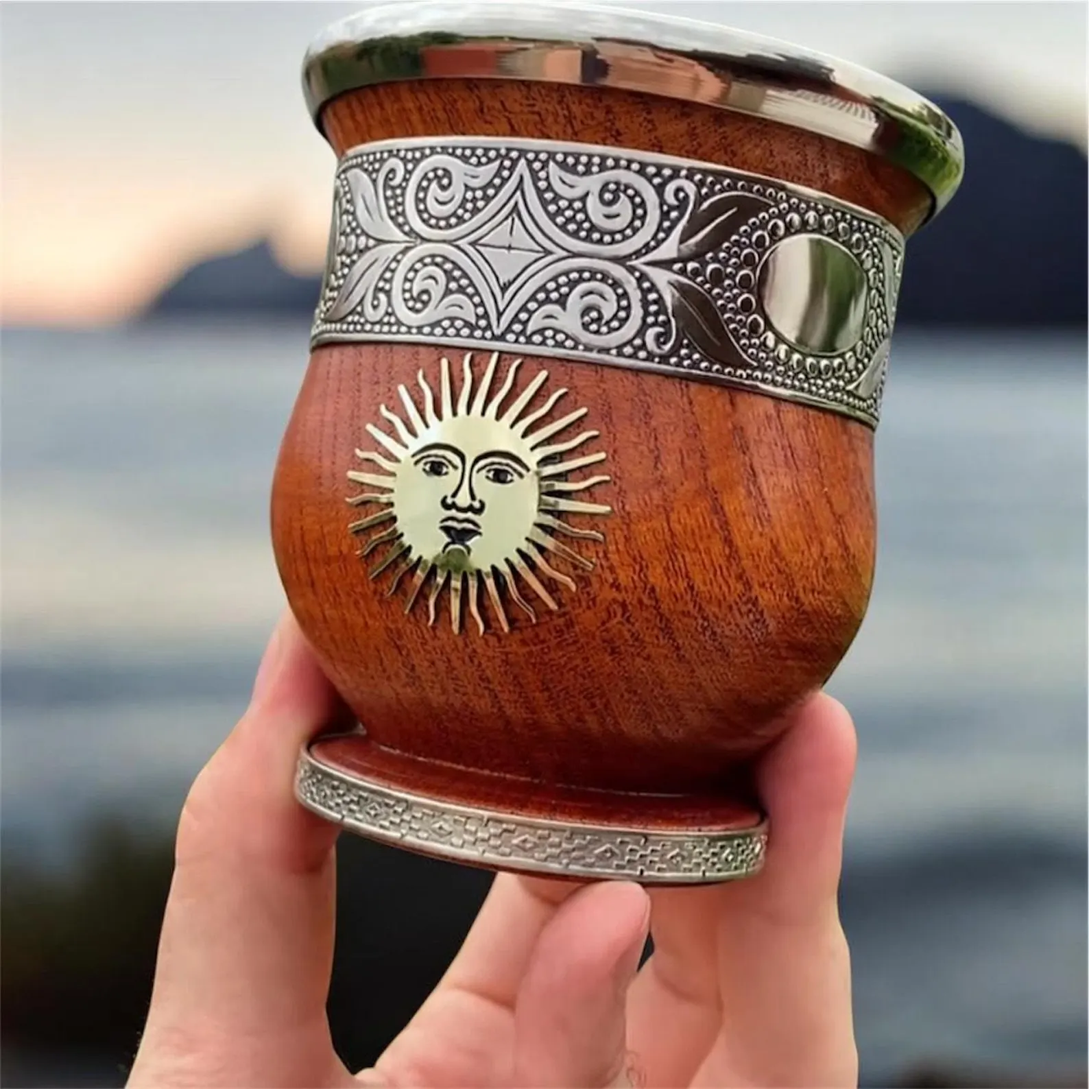 Handcrafted Carob Wood Mate Cup, Alpaca Silver, Sun of May or Coat of Arms