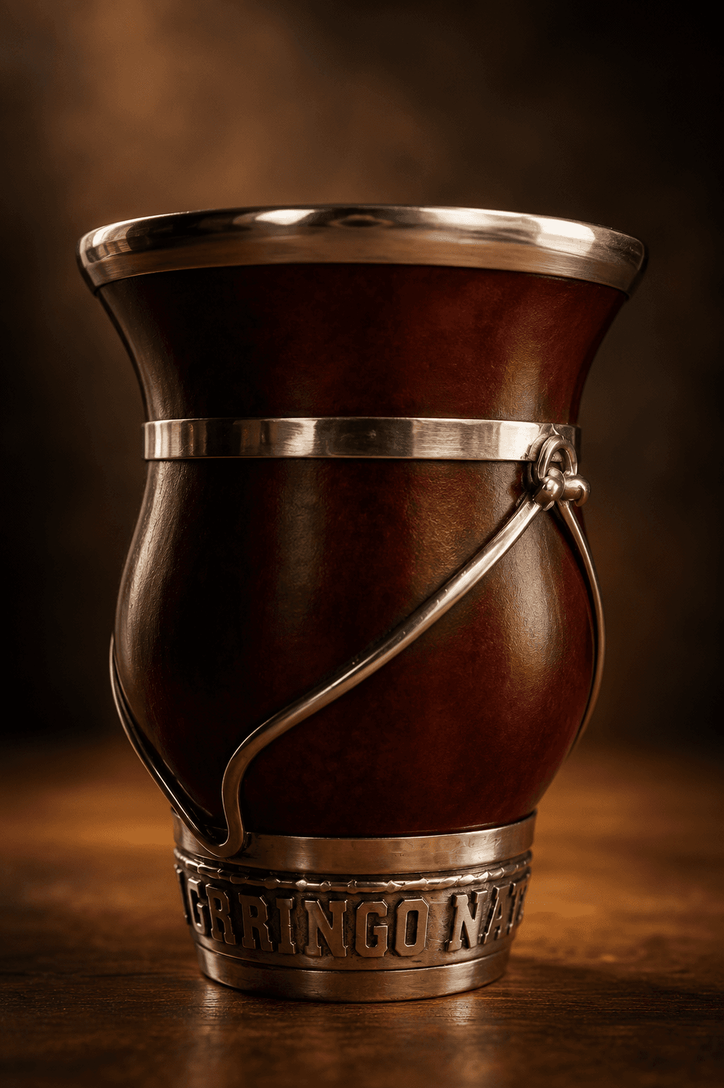 A Mate Gringo Nate gourd with a silver rim and engraved base